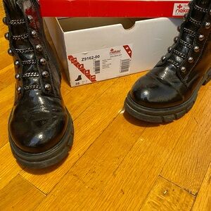 Rieker Women's Shiny Black Combat Boots